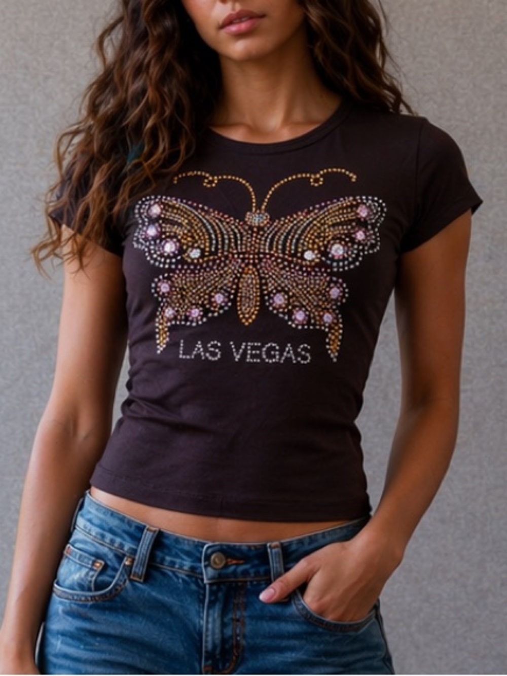 Y2K Las Vegas Butterfly Rhinestone Baby Tee